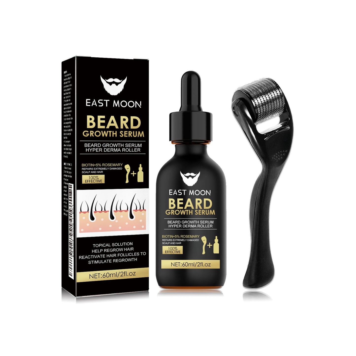 Kit soin barbe homme avec sérum nourrissant & rouleau inox. Favorise la croissance, la densité et la santé de la barbe.