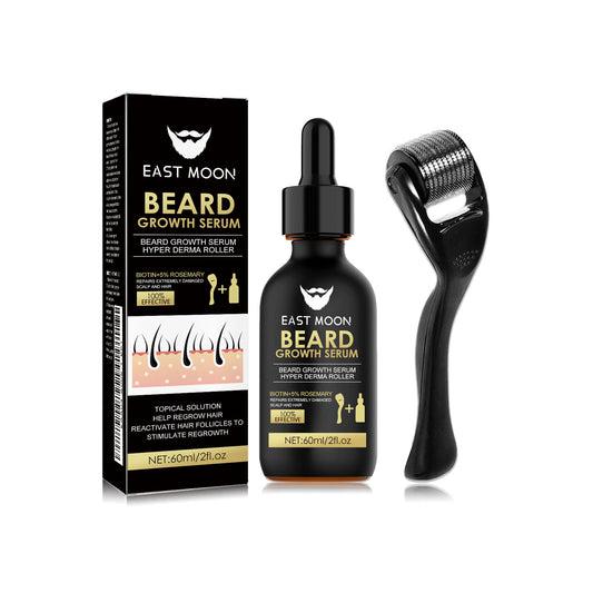 Kit soin barbe homme avec sérum nourrissant & rouleau inox. Favorise la croissance, la densité et la santé de la barbe.