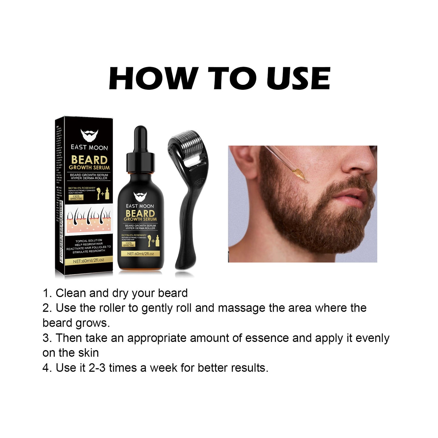 Kit soin barbe homme avec sérum nourrissant & rouleau inox. Favorise la croissance, la densité et la santé de la barbe.