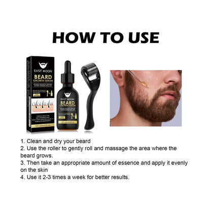 Men's beard care kit with nourishing serum and stainless steel roller. Promotes beard growth, density, and health.