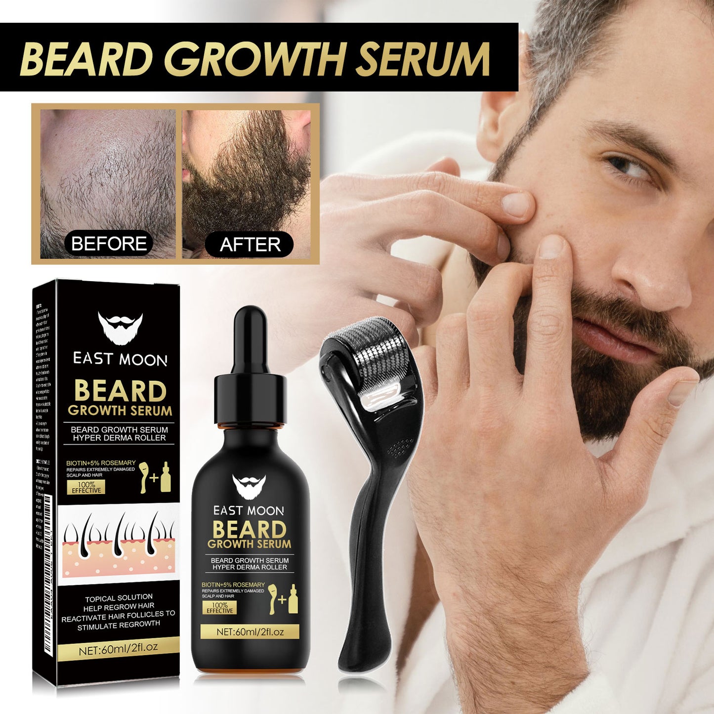 Kit soin barbe homme avec sérum nourrissant & rouleau inox. Favorise la croissance, la densité et la santé de la barbe.