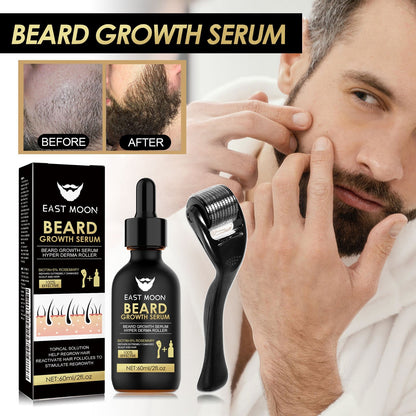 Men's beard care kit with nourishing serum and stainless steel roller. Promotes beard growth, density, and health.