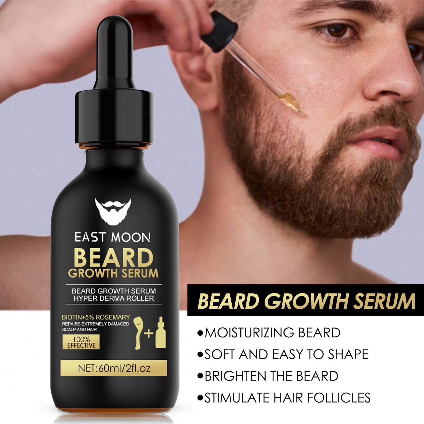 Kit soin barbe homme avec sérum nourrissant & rouleau inox. Favorise la croissance, la densité et la santé de la barbe.
