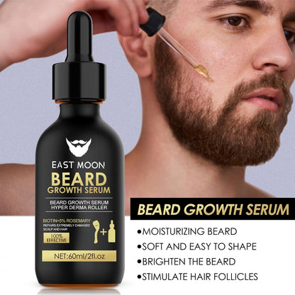Men's beard care kit with nourishing serum and stainless steel roller. Promotes beard growth, density, and health.