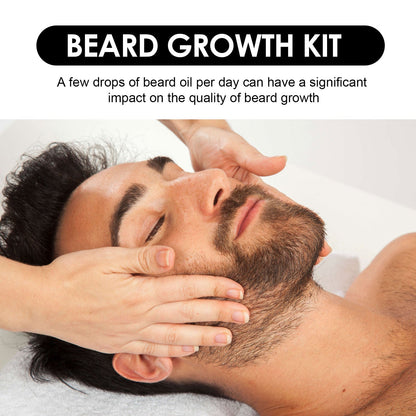 Men's beard care kit with nourishing serum and stainless steel roller. Promotes beard growth, density, and health.
